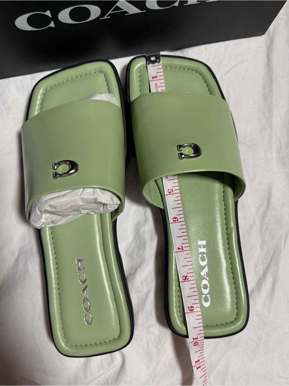 COACH Florence Light pale Pistachio Green Leather Slide Sandals with Silver Log